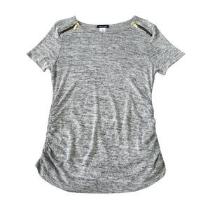 Olivia Blu Gray Metallic Zip Short Sleeve Top Womens Size PM